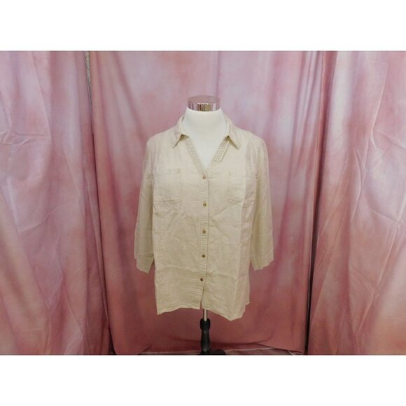 JM COLLECTION LINEN BUTTON UP BLOUSE WOMEN 22W BROWN V NECK - Picture 1 of 11